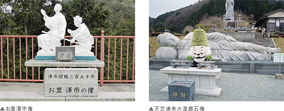 左:お里澤市像 右:天竺渡来大涅槃石像